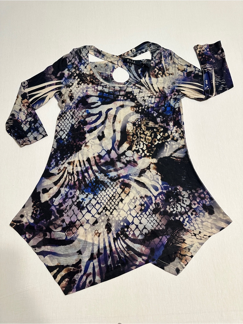 B.L.E.U. Abstract Animal-Print Keyhole Tunic in Blue, Purple, Black, Cream